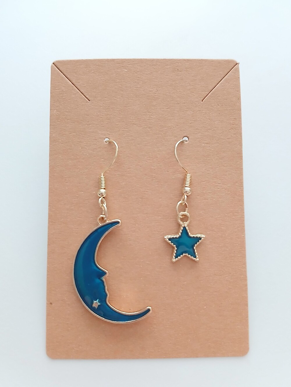 Fashion Jewelry Blue Moon and Star Dangle Earrings - Gold Tone